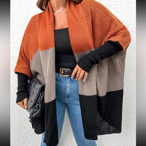 Plus Size Comfy Color block Batwing Open Front Shawl Sweater Cardigan - Picture 3 of 6